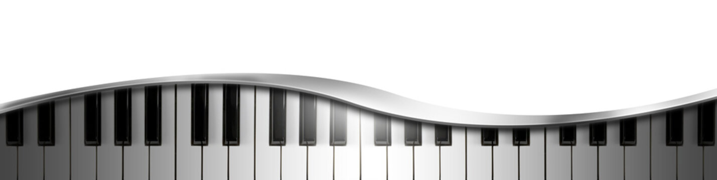 Close-up of a piano keyboard with metal curve, isolated on transparent background with copy space. Photography and 3D illustration, png.