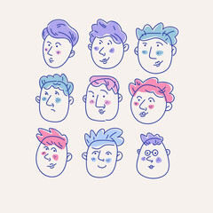 A set of illustration profiles of men. Faces of people of different types. Minimalistic cute cartoon-style graphics.