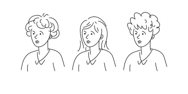 The heads of girls with different hairstyles and long hair. The image of the head of cute women in a turn.