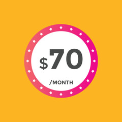 70 dollar price tag. Price $70 USD dollar only Sticker sale promotion Design. shop now button for Business or shopping promotion
