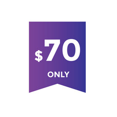 70 dollar price tag. Price $70 USD dollar only Sticker sale promotion Design. shop now button for Business or shopping promotion
