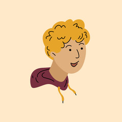 A man's head. Male head close-up. Minimalistic cute cartoon-style graphics. The person's face is drawn in a flat style.