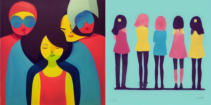Young colourful group of friend standing together and having fun - illustration