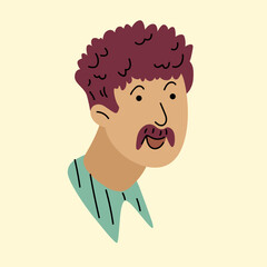 A man's head. Male head close-up. Minimalistic cute cartoon-style graphics. The person's face is drawn in a flat style.