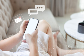 Connection application technology concept. Man relaxing and shopping online on Smartphone at home. Person using a social media on mobile phone with icons of message, like, comment, wifi, cart,