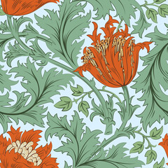 Floral seamless pattern with big orange poppy and green foliage on cold light background. Vector illustration.