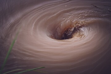 A powerful vortex is created at the green surface of the river flowing vigorously from torrential...