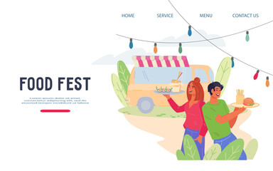 Street food truck festival banner or poster for web and social media, flat vector illustration. Fast food restaurant and cantina promotion web page mockup.