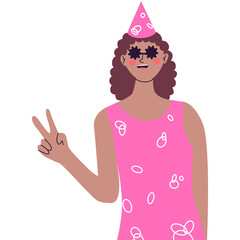 Happy young woman at celebration party. Birthday or New Year eve. Vector flat illustration, isolated on a white background