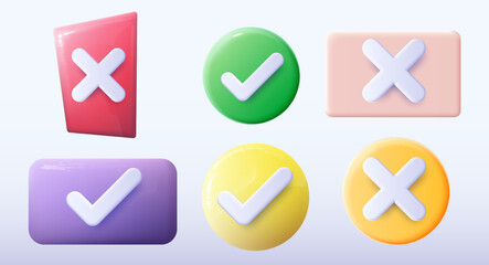 Realistic right and wrong 3D Button. A set of glossy round icons with a check mark, a sign of the cross. 3d minimalist style. Symbols of acceptance, rejection and attention. Vector illustration