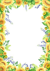 Hand-painted watercolor frame of sunflowers, bluebells and delphinium.
