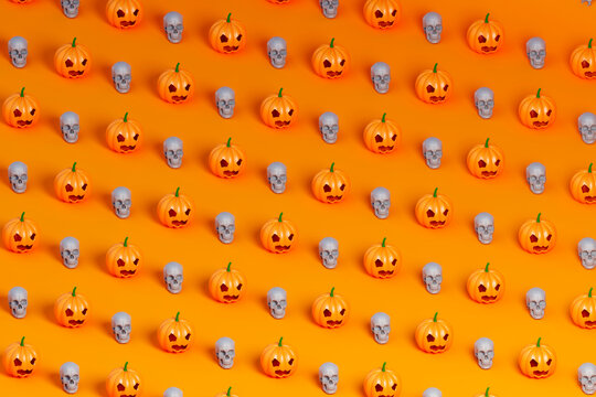 3d isometric illustration pattern of many Halloween pumpkin and white skulls on orange background.
