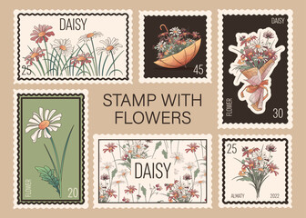 Collection postage stamps with illustration of daisy flowers, bouquets. Vector illustration perfect for design of flower shop, envelope decoration. - obrazy, fototapety, plakaty