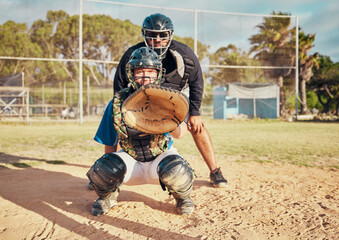 Baseball, sport and training with a sports man or catcher on a field for a competitive game or...