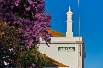 bougainvillea and traditional chimney on the roof of the train station in Olhao, Faro district,...
