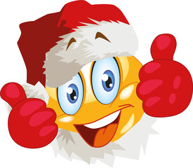 Christmas yellow shiny round emotion on a white background, a smiley in a Santa hat, with a white beard