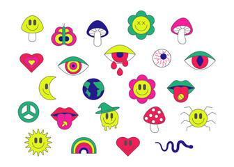 Psychedelic surreal smile set in retro style. Anthropomorphic face sign, mushroom, groovy flower. Illusion, creative crazy sign, power flower. Hippie design elements. Vector illustration