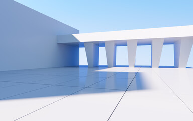 Fototapeta premium White abstract geometric construction, empty outdoor architecture scene, 3d rendering.