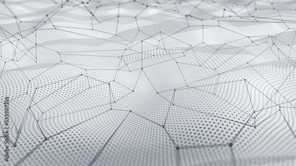 Poster Black and white polygon mesh field. Cyber network, data flow, open source. 3D illustration of digital hi-tech particles