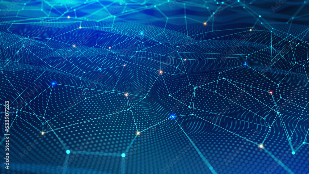 Poster cyber network, data flow, open source. 3d illustration of digital hi-tech particles