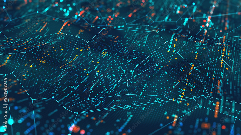 Aufkleber cyber network, data flow, open source. 3d illustration of digital hi-tech particles