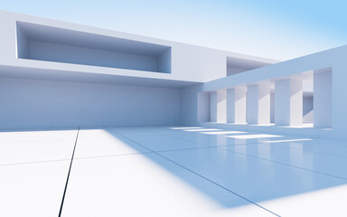 White abstract geometric construction, empty outdoor architecture scene, 3d rendering.