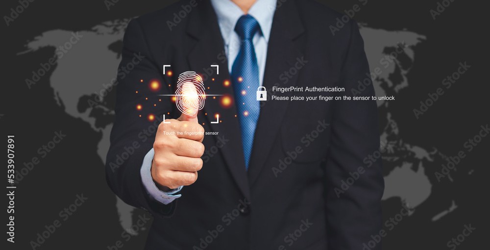 Poster close-up of finger scan a fingerprint biometric identity to access personal data
