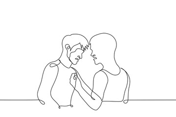 conflicting men grabbed each other and look aggressively - one line drawing vector. concept dangerous conflict, male aggression, danger, tension, violence