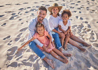 Fototapeta premium Travel, relax and sand with family at beach for Cancun Mexico vacation for summer, happy and love. Support, smile and portrait of parents and children on holiday for health, wellness and lifestyle