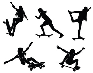 Set of Black silhouette of skateboarder. Skateboard girl. Skateboarding trick ollie. Jump on skateboard. Vector illustration. Silhouette of a cute girl with long hair, with skateboard. 