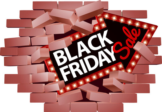A Black Friday sale sign breaking a brick wall concept