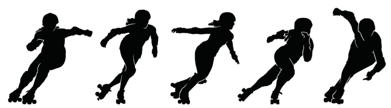 Set of black silhouette girl playing roller skate