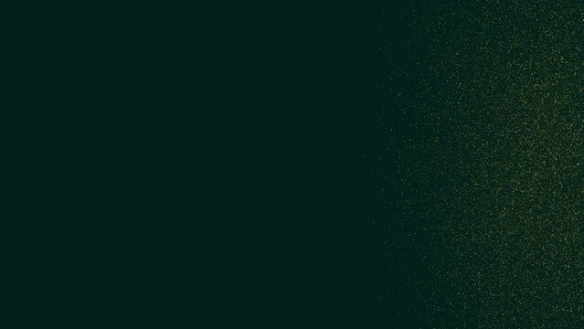 Gold tiny dots glitter on dark green background on the right side of the frame. Abstract backdrop party or holidays concept with copy space