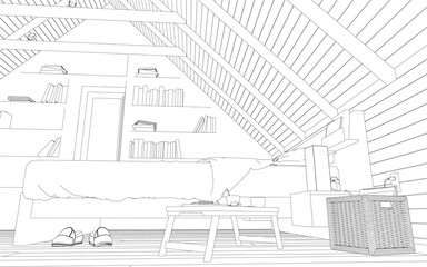 Contour of the interior of the bedroom in the roof of the house from black lines isolated on a white background. Perspective view. Vector illustration.