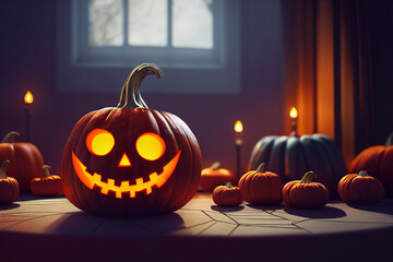 Obraz premium Glowing halloween pumpkin lanterns in a dark room lit with candles.