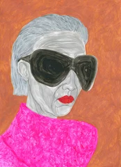 Zelfklevend Fotobehang old woman with sunglasses. fashion illustration. watercolor painting © Anna Ismagilova