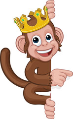A king monkey cartoon character animal wearing a crown behind a sign peeking around and pointing at it