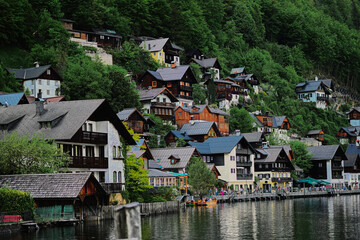 Beautiful scenic landscape over Austrian alps lake in Hallstatt, Salzkammergut, Austria.