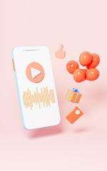 Live streaming with mobile phone, gifts and red packet, 3d rendering.