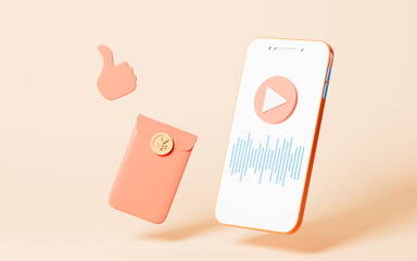 Live streaming with mobile phone and red packet, 3d rendering.