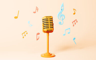 Cartoon microphone and music notes on the yellow background, 3d rendering.