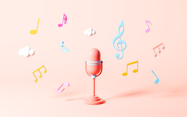 Cartoon microphone and music notes on the yellow background, 3d rendering.