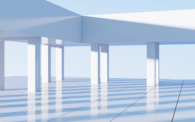 White abstract geometric construction, empty outdoor architecture scene, 3d rendering.