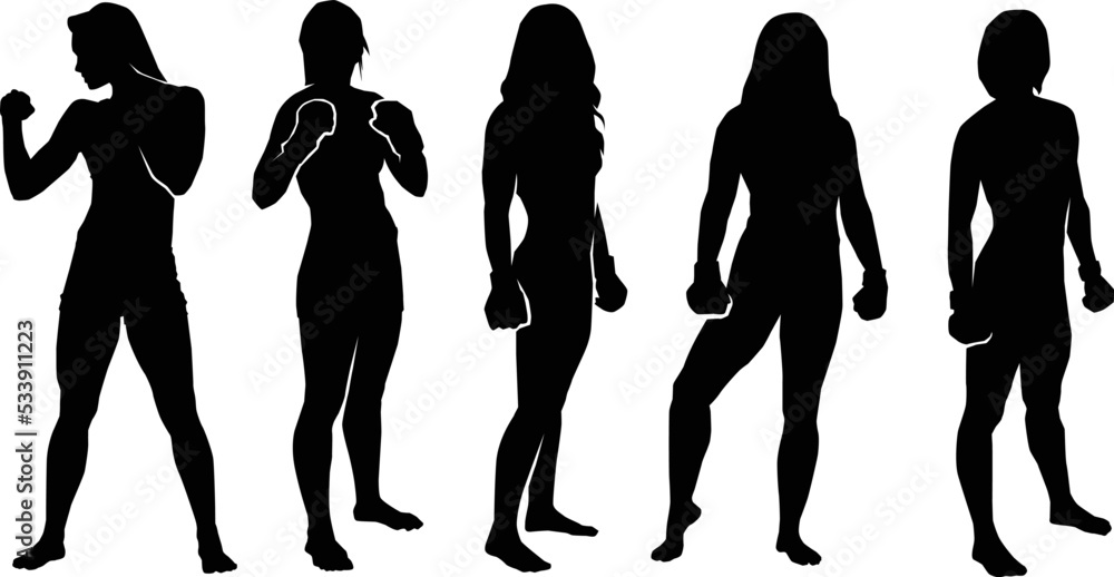 Wall mural Set of mixed martial arts athlete girl silhouette ready to fight