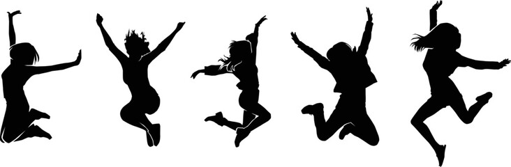 Fototapeta na wymiar Set of silhouette long haired girl jumping while dancing