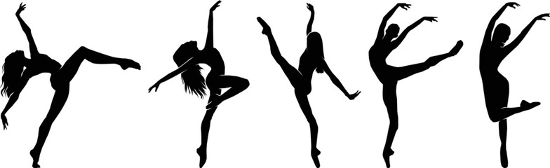 Fototapeta premium Set of long hair girl dancing silhouette on white background