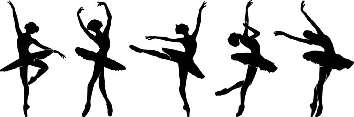 Set of  ballerina girls vector silhouettes on white.