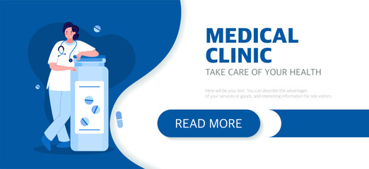 The landing page of the medical clinic website is a female medical worker.The concept of medicine and health. Vector illustration in a flat style on a blue background