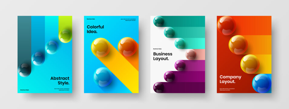 Colorful annual report vector design template collection. Unique realistic balls flyer concept composition.