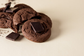 Food Photography of Sweet Double Chocolate Chip Cookies on Yellow Background Horizontal Copy Space